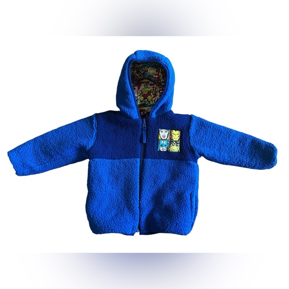 NWT MARVEL Avengers All Over Print Reversible Puffer Fleece Jacket Size 2T Hood - Picture 2 of 6